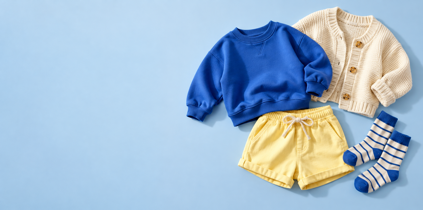 Illustrative flat lay of colorful children's apparel on a blue backdrop